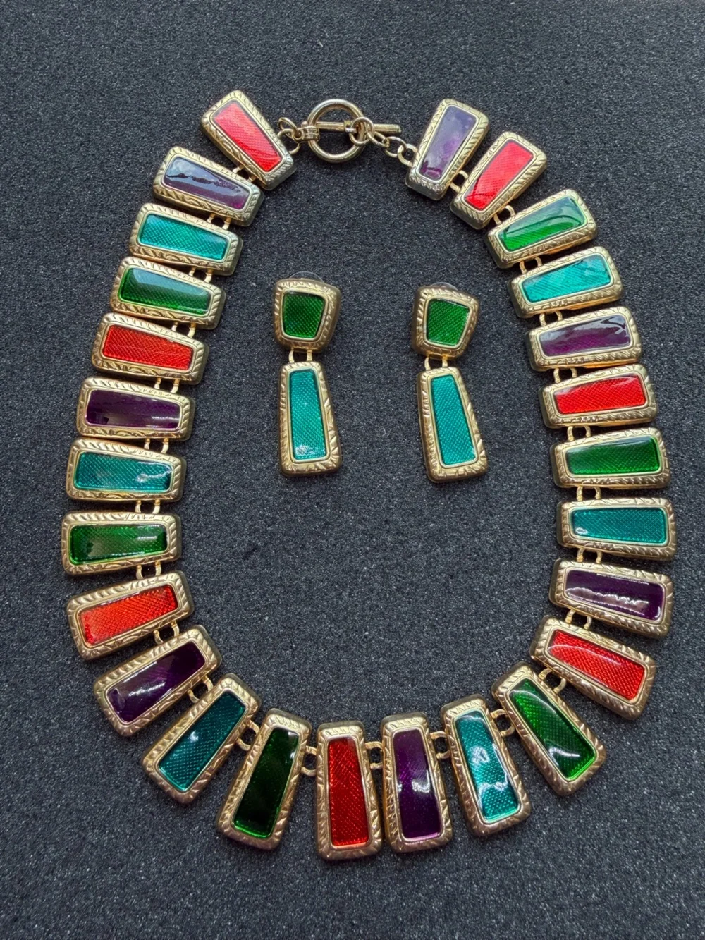Vintage Gold-Tone Multicolor Enamel Link Necklace And Earrings Set